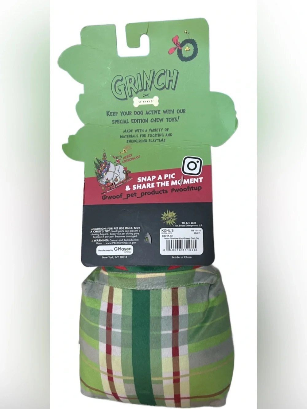 WOOF® Dr. Seuss Grinch Multi-Squeaker Plush Pet Toy.  Crinkle & squeaker!  NWT
